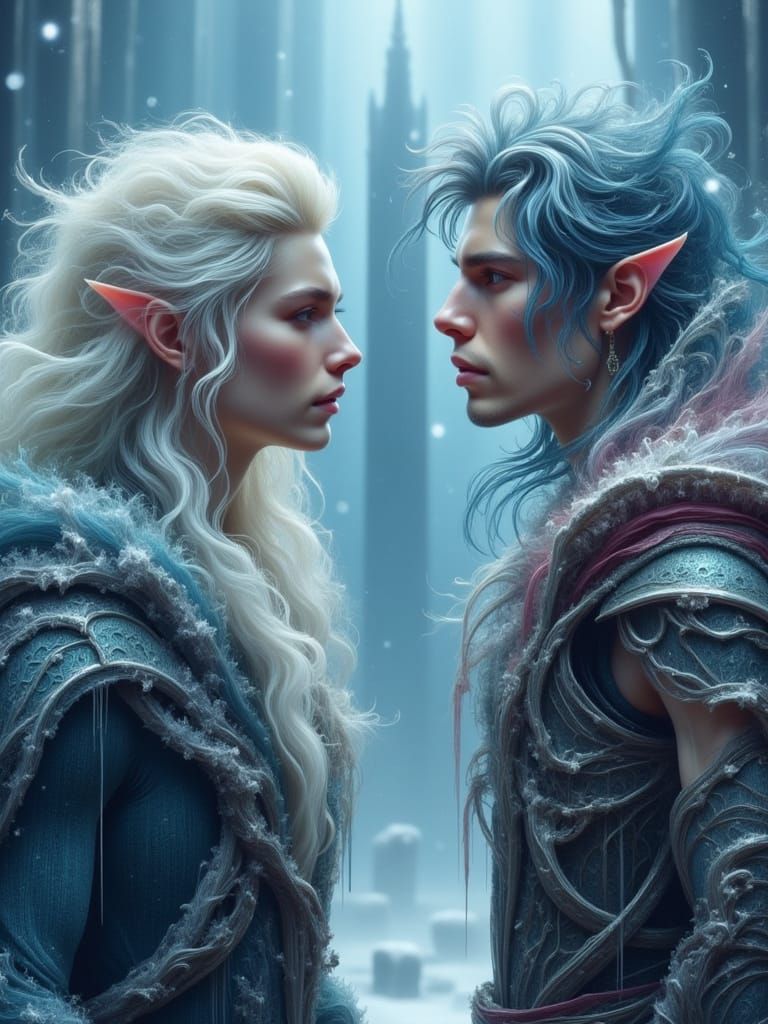 Blue-Skinned Elves Before Ice Castle in Snow