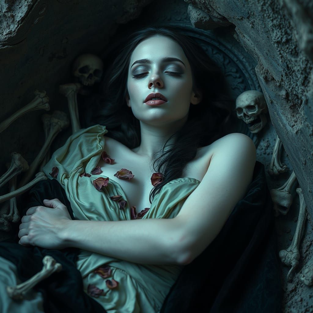 Woman in Crypt with Rose Petals: Hyperreal Image