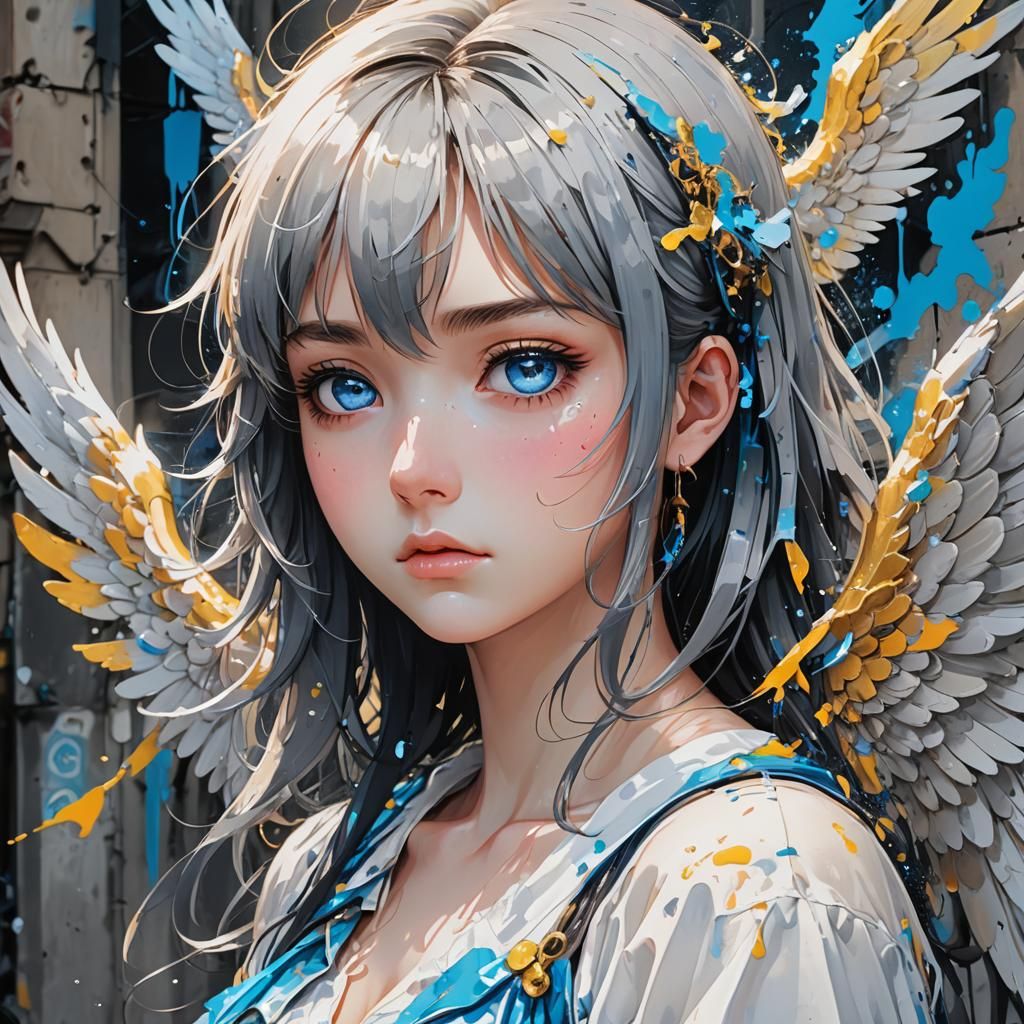 Sad Angel Girl in Anime Style