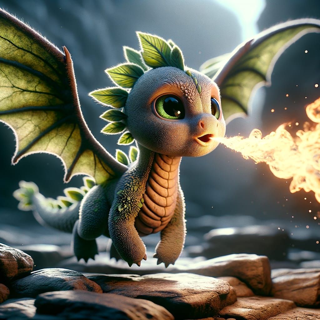 A close-up of a charming adorable cute fluffy big green eyes baby leaf dragon in flight breathing fire cliff background,...