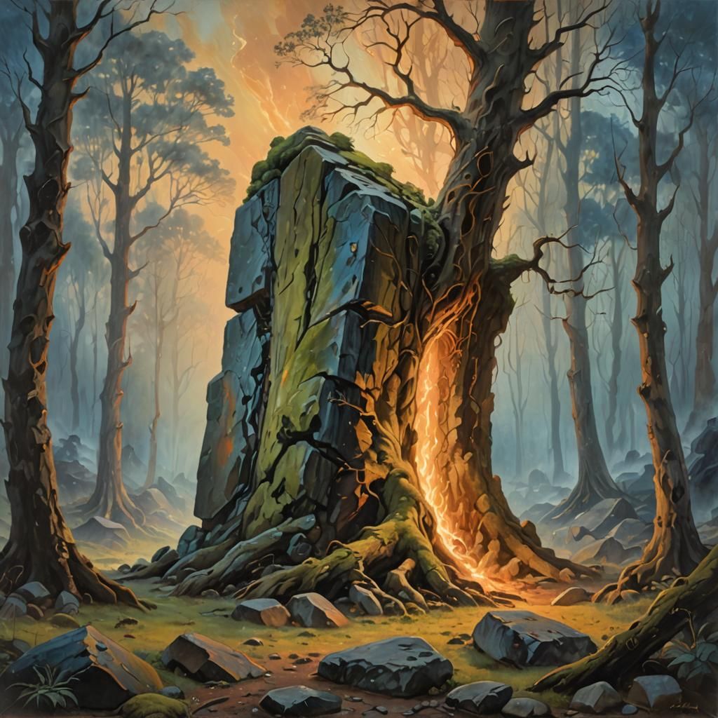 Mystical Forest Monolith in Oil Painting Style