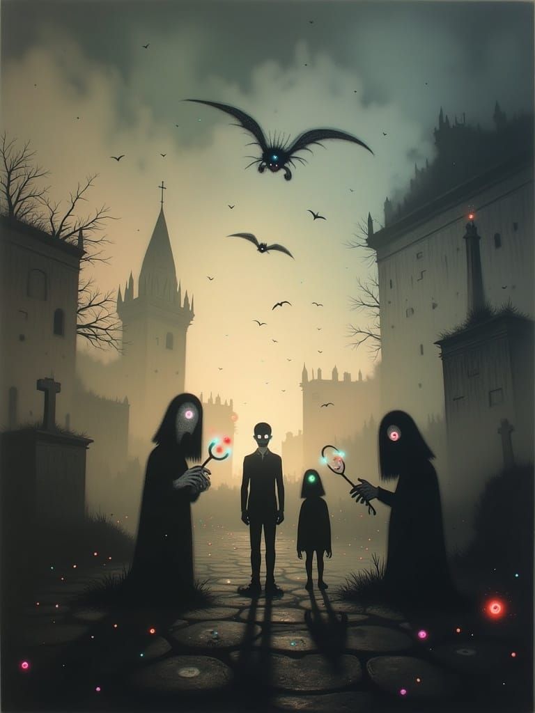 Cinematic Halloween Cemetery Scene with Zombies and Bats