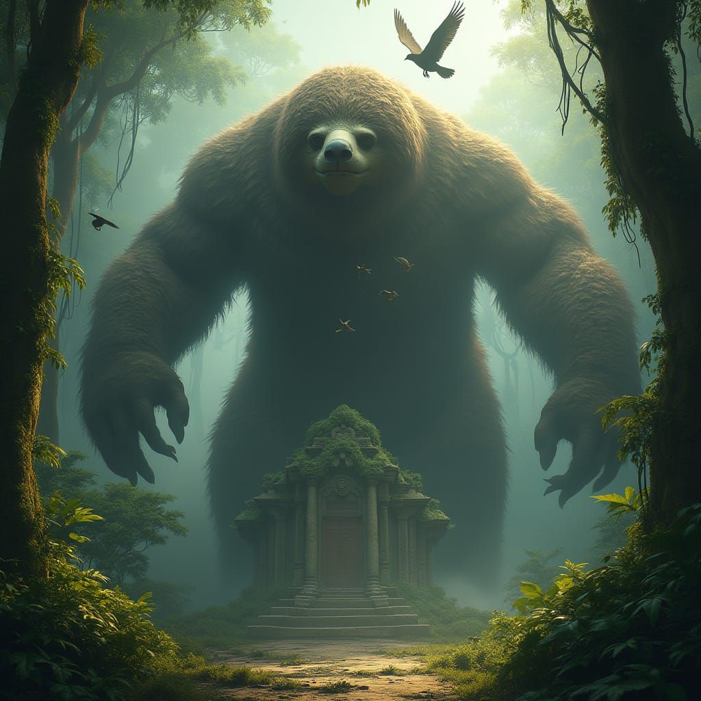 Giant Bioluminescent Sloth Spirit Over Ancient Jungle Temple