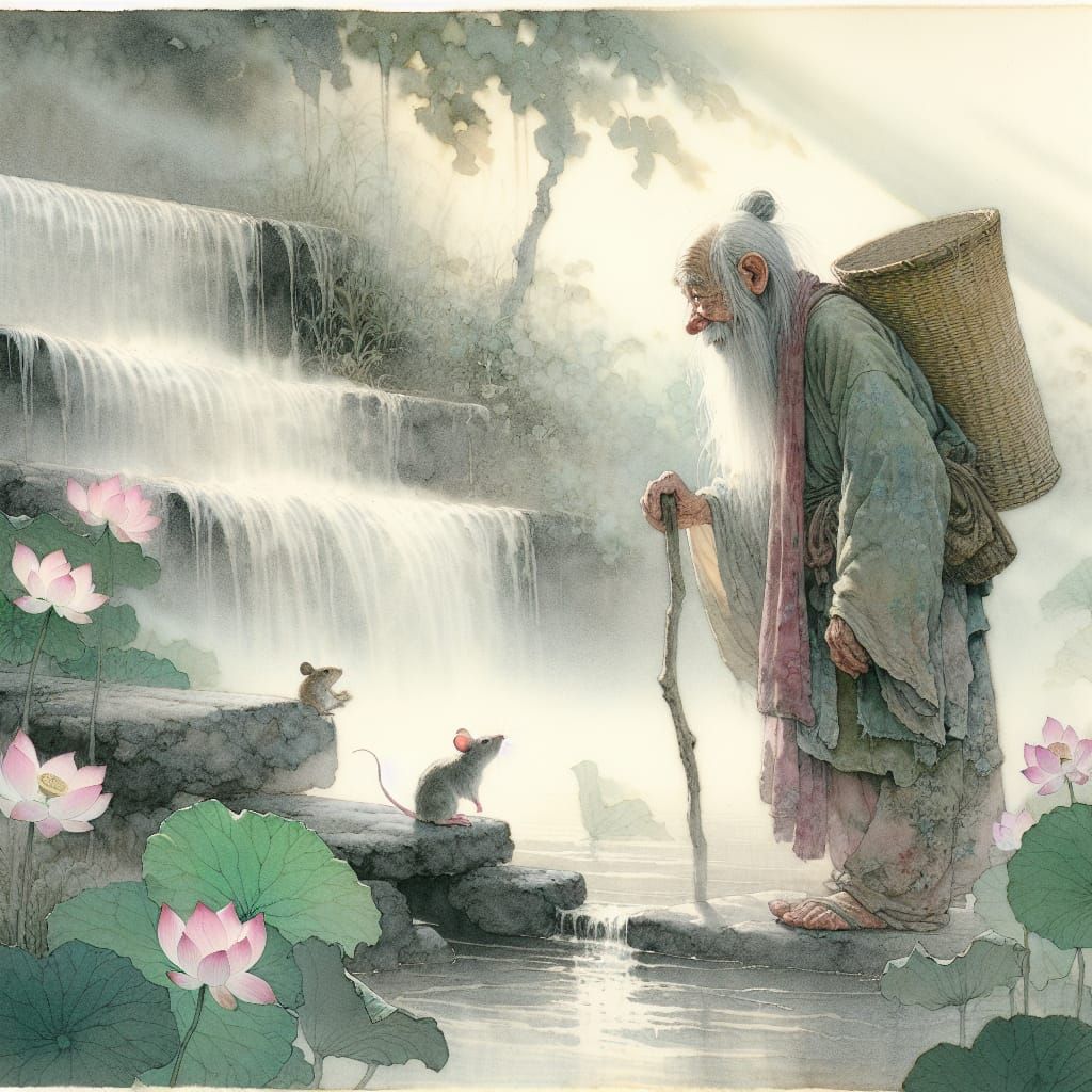 Gnome and Mouse Conversation in Ukiyo-e Style