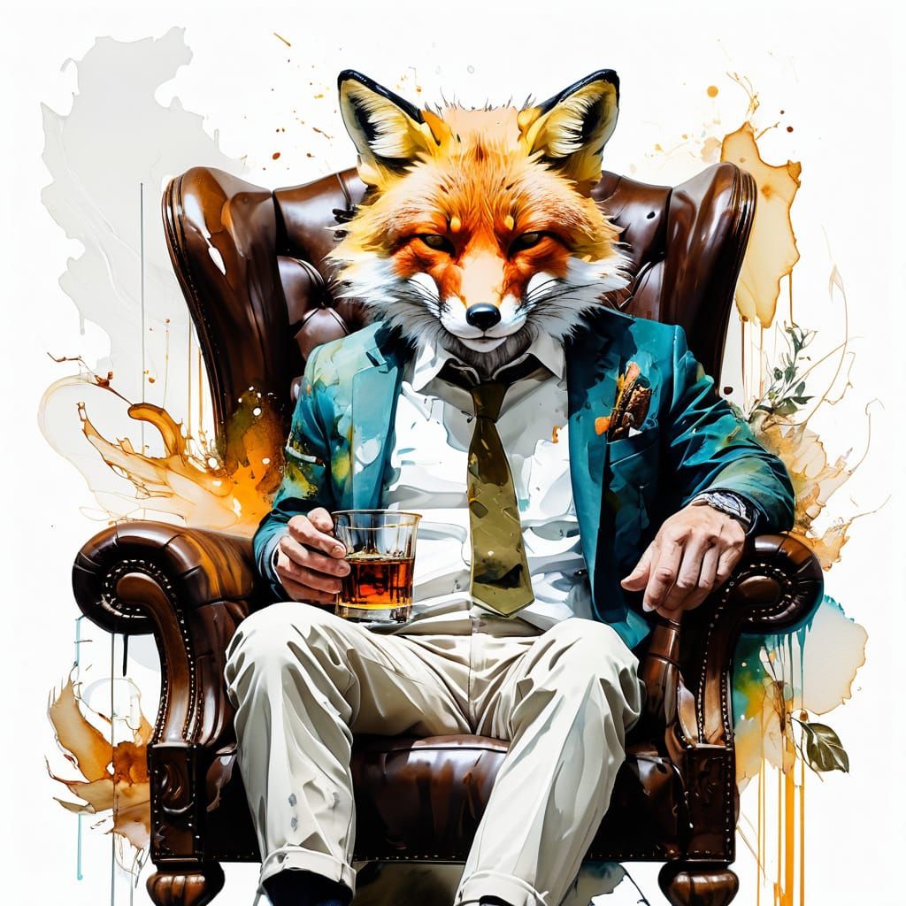 Relaxed Fox with Whiskey in Alcohol Ink Style