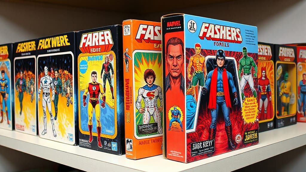 Retro Superhero Action Figure Boxes in Vibrant Digital Art S...