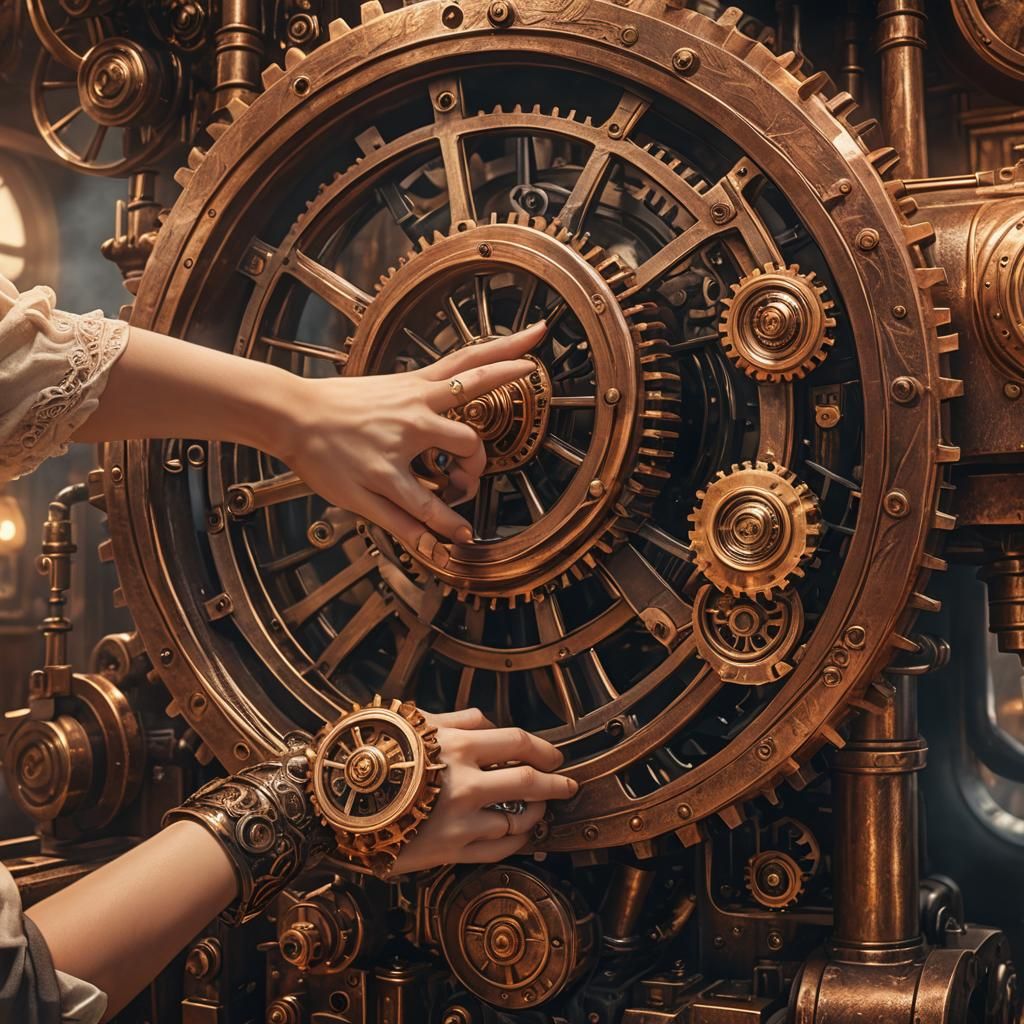 Steampunk Engine with Glowing Gear in Golden Light