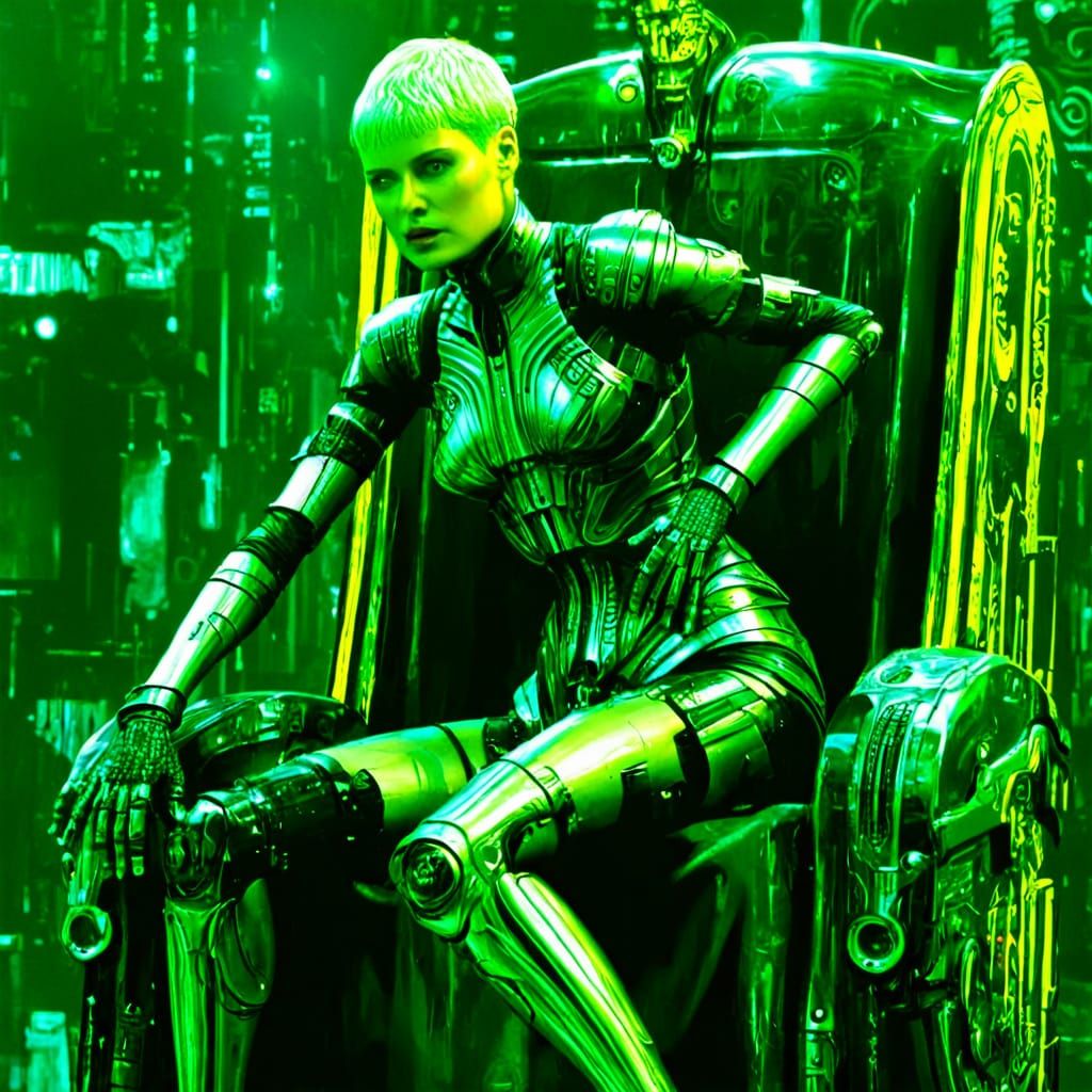 Cybernetic Queen on Data Throne in Neo-Noir City
