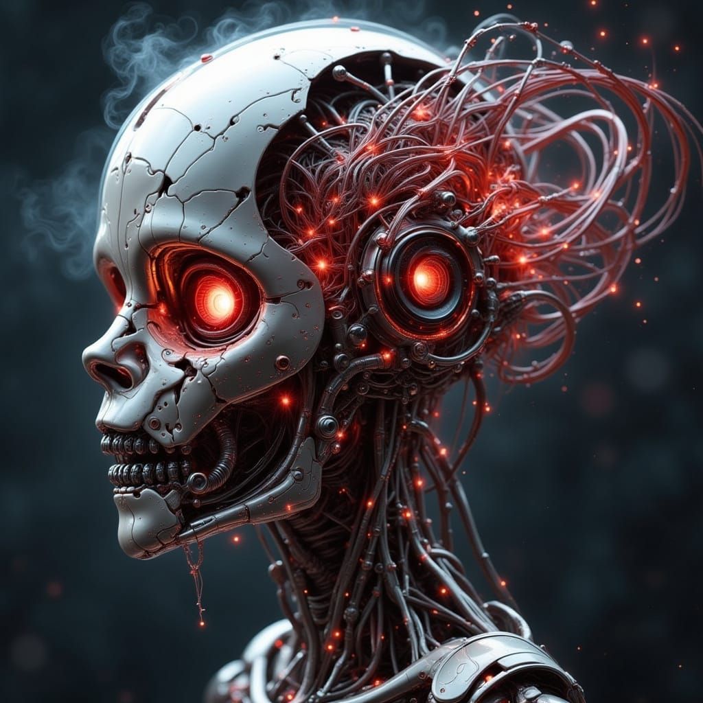 Mad Scientist's Lab with Cybernetic Skull and Glowing Brain