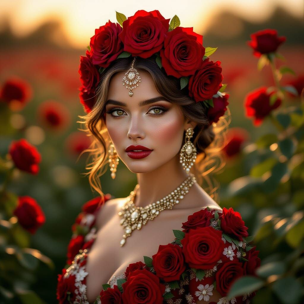 Hyperrealistic Woman Adorned with Red Roses