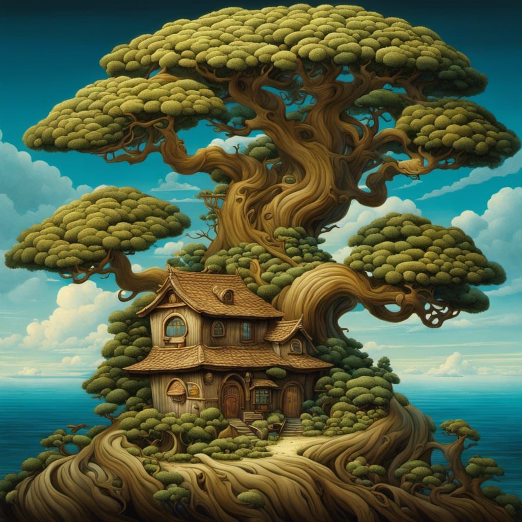 Majestic Juniper by the Sea: Surreal Illustration