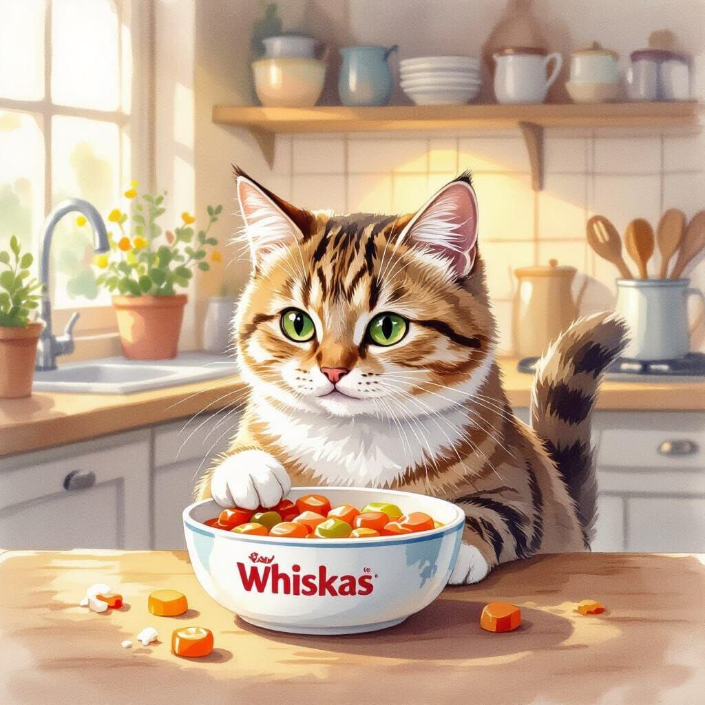 Cozy Cat Enjoying Dinner, Watercolor Illustration