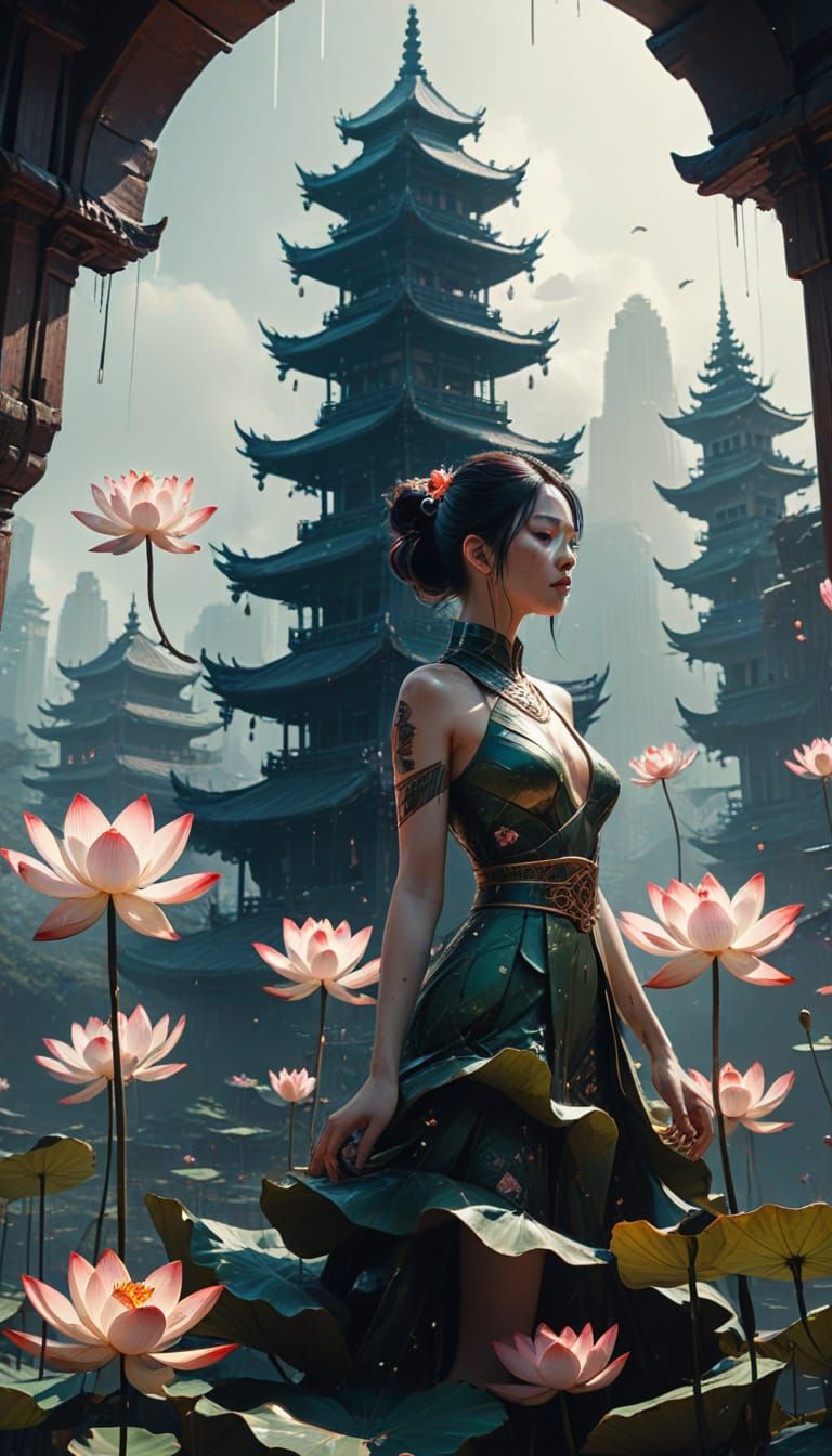 Enchanted Lotus Metropolis in Whimsical Manga Style