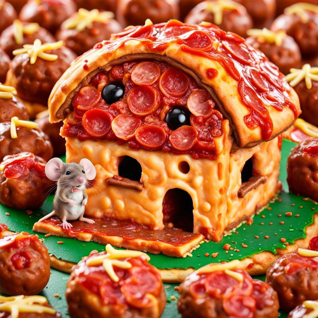 Chibi Mouse Living on a Pizza, Macro Photograph