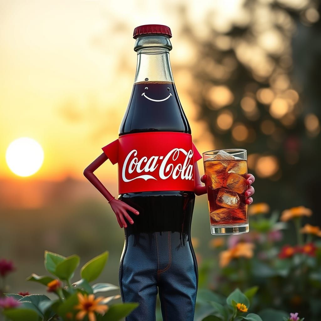 Coca-Cola Bottle Person Offers Refreshing Drink at Sunset