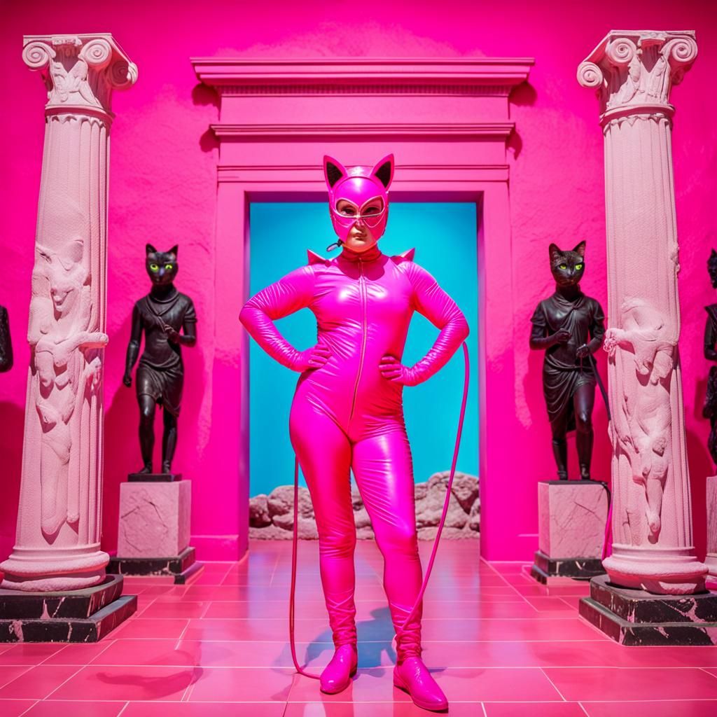 Masked Woman in Pink Cyberpunk Room