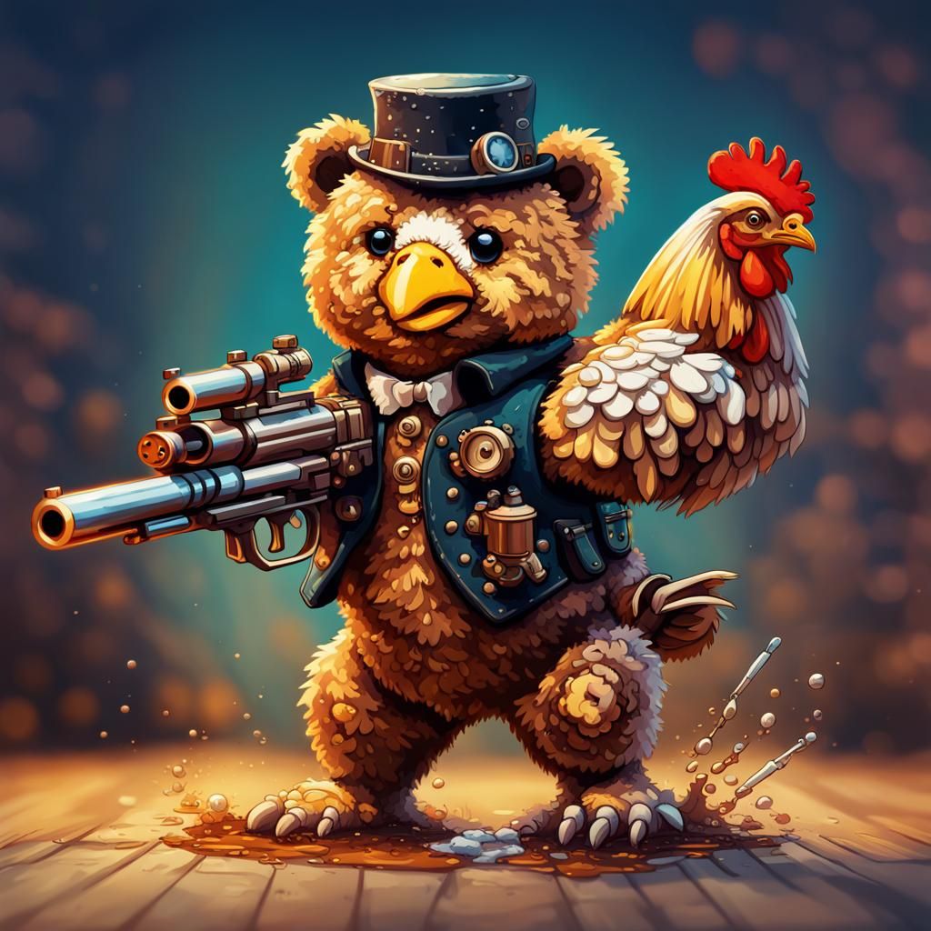 Steampunk Teddy Bear Chicken Gun Pixel Art