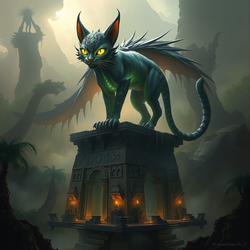 Bioluminescent Feline on Alien Ziggurat