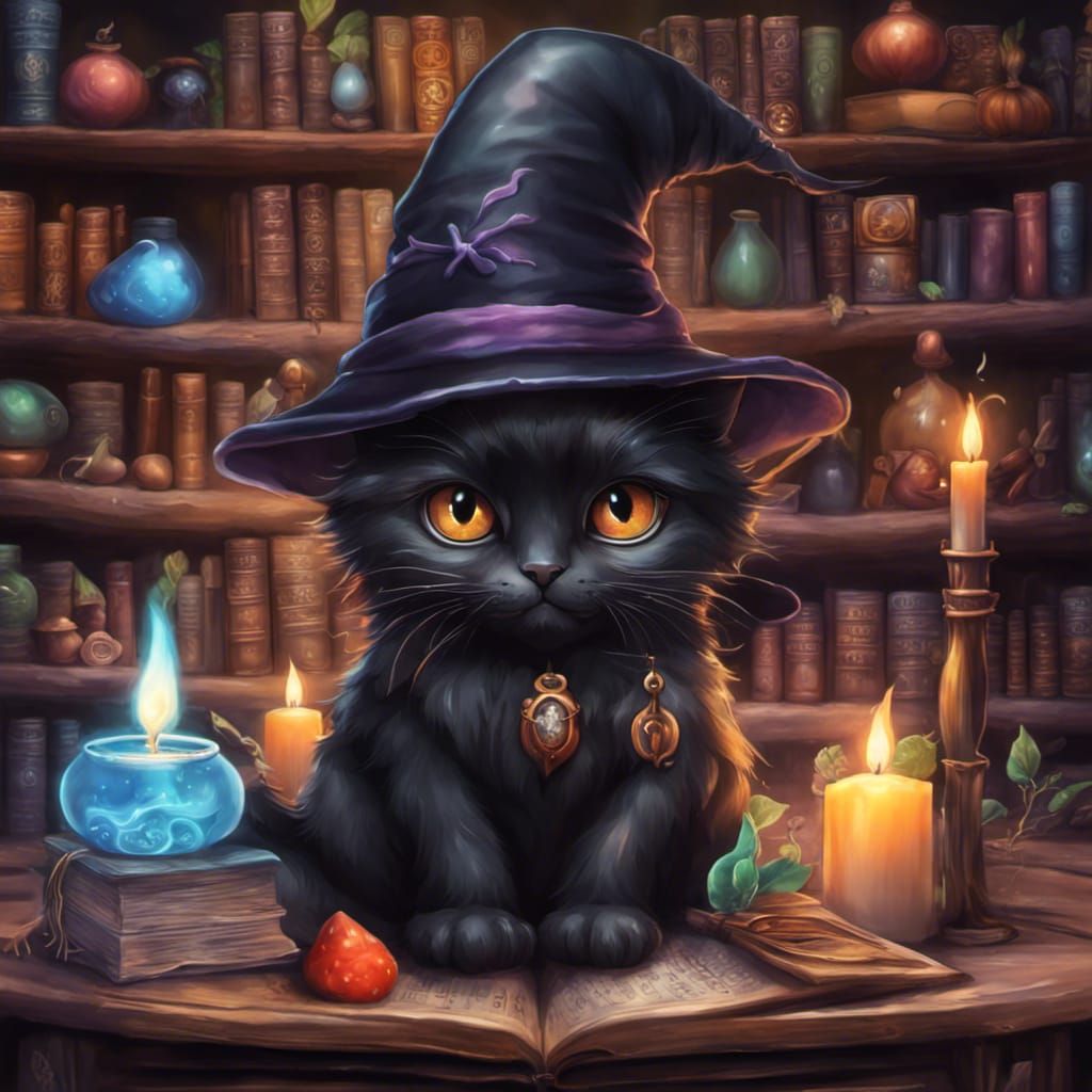 Chibi Witchy Black Cat in Enchanted Magicians Library