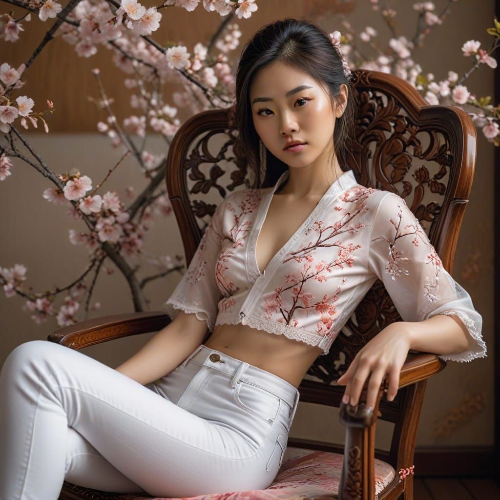 Hyper-Realistic Portrait of Japanese Woman in Ornate Chair