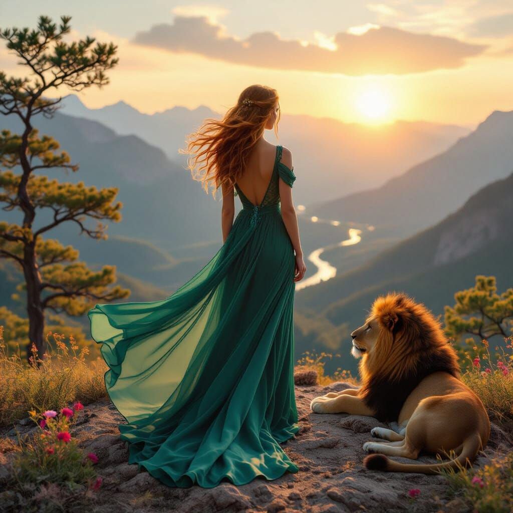 Emerald Gown on Mountain Peak in Dreamscape Style