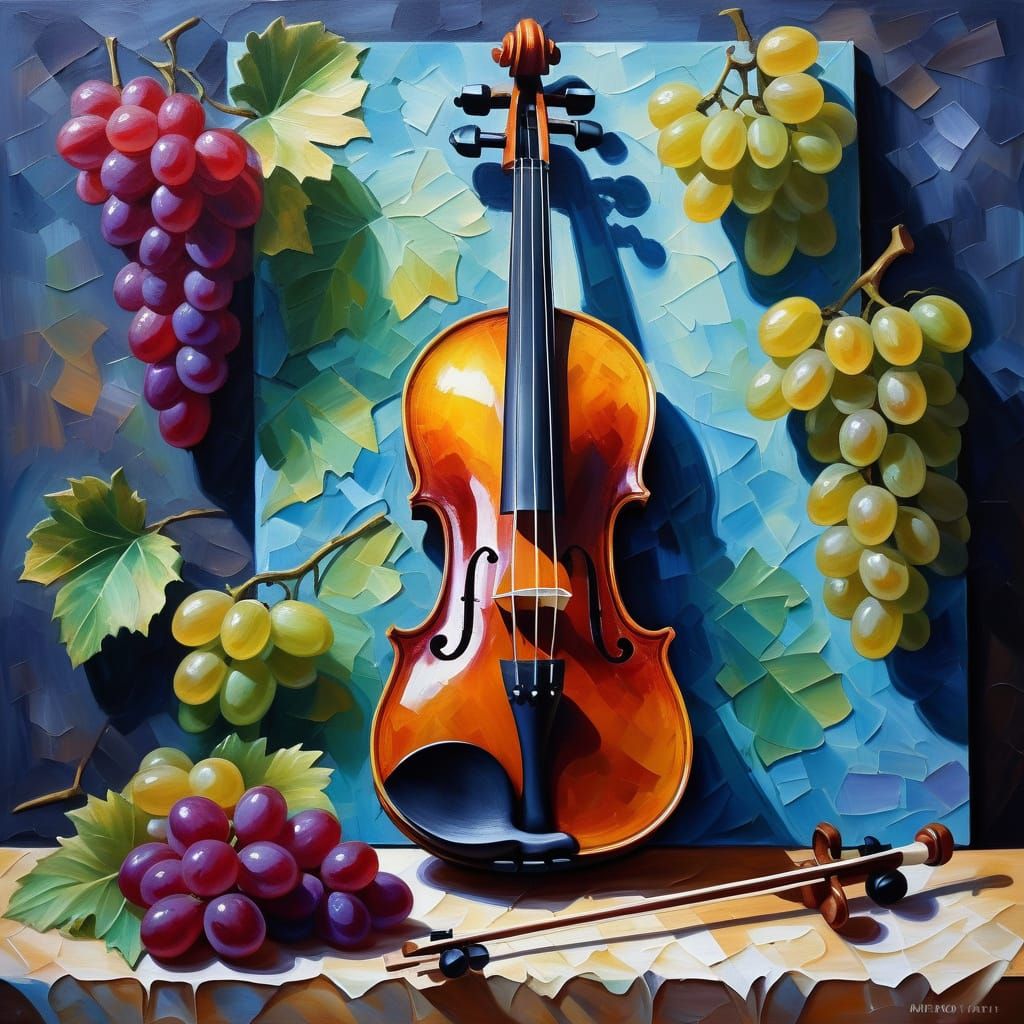 Photorealistic Violin with Grapes in Impasto Style