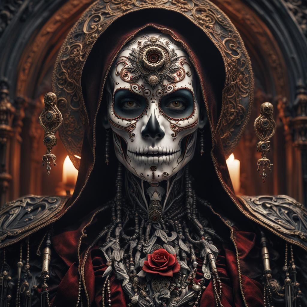 Santa Muerte Cyborg Vampire Close-Up in Ultra Detail