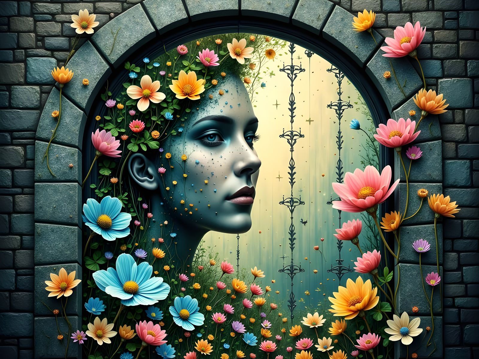 Flowers Behind a Barred Window in Gouache Style