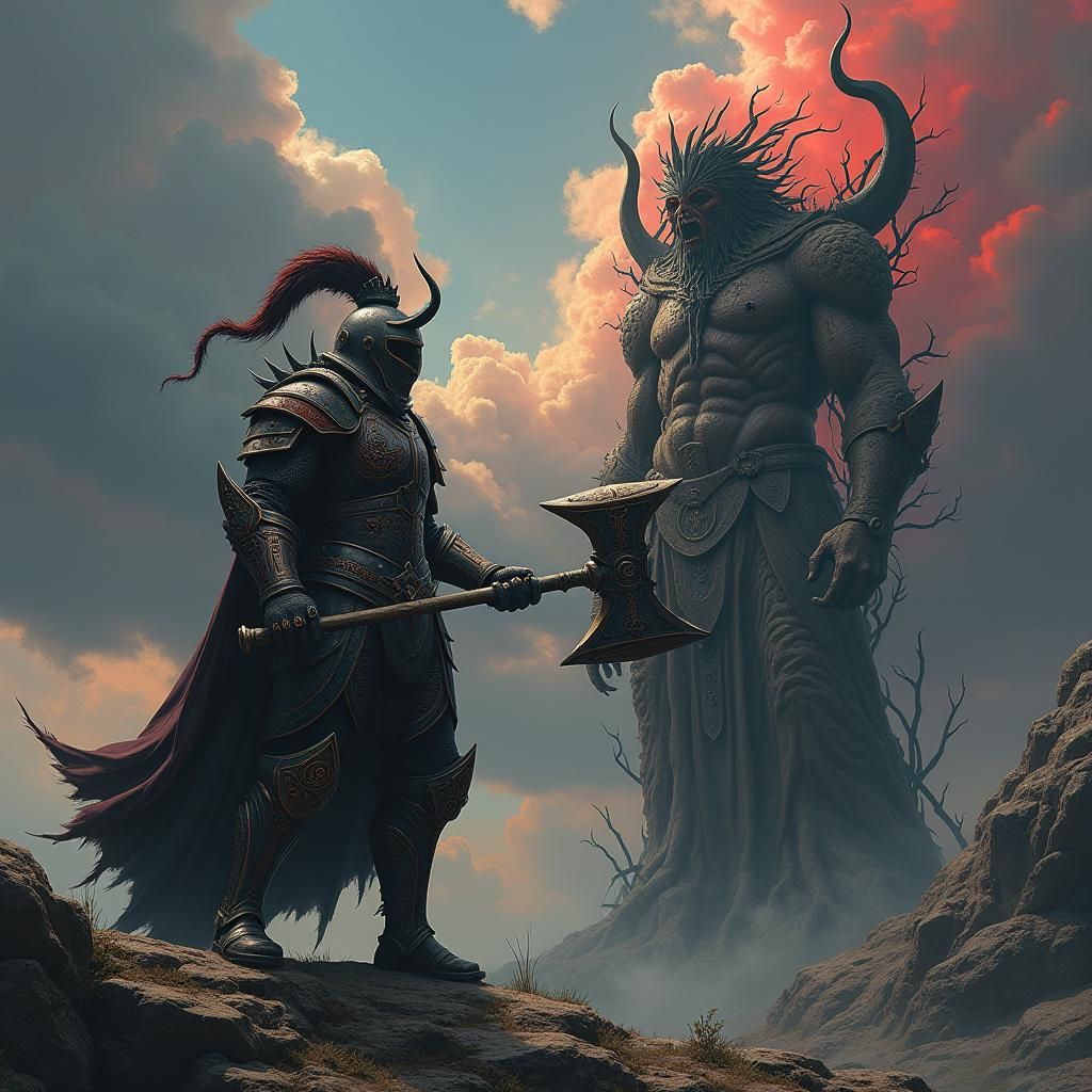 Dark Fantasy Knight Shatters Pagan Statue in Gritty Realism