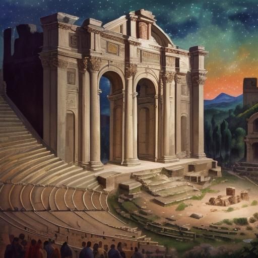 Opera Singer in Roman Ruins: Gouache Impression