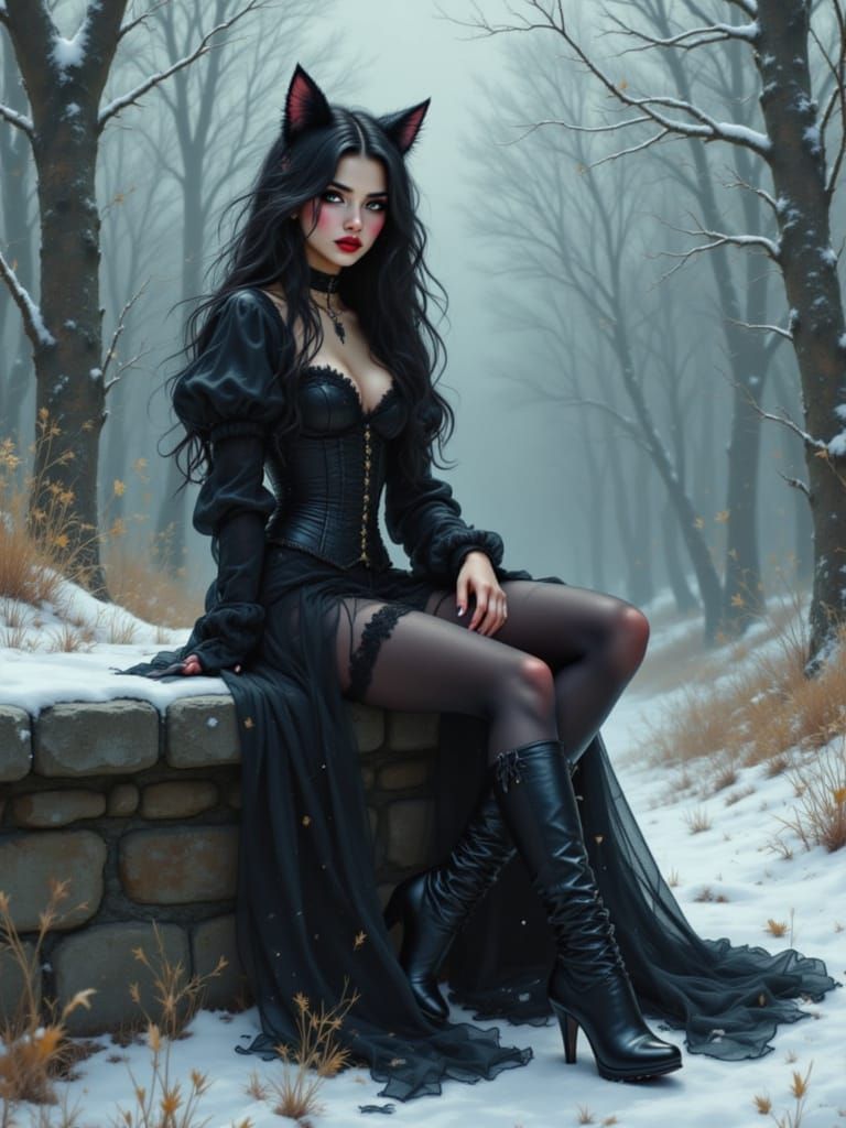 Gothic Woman in Winter Forest: Ethereal Fantasy Portrait