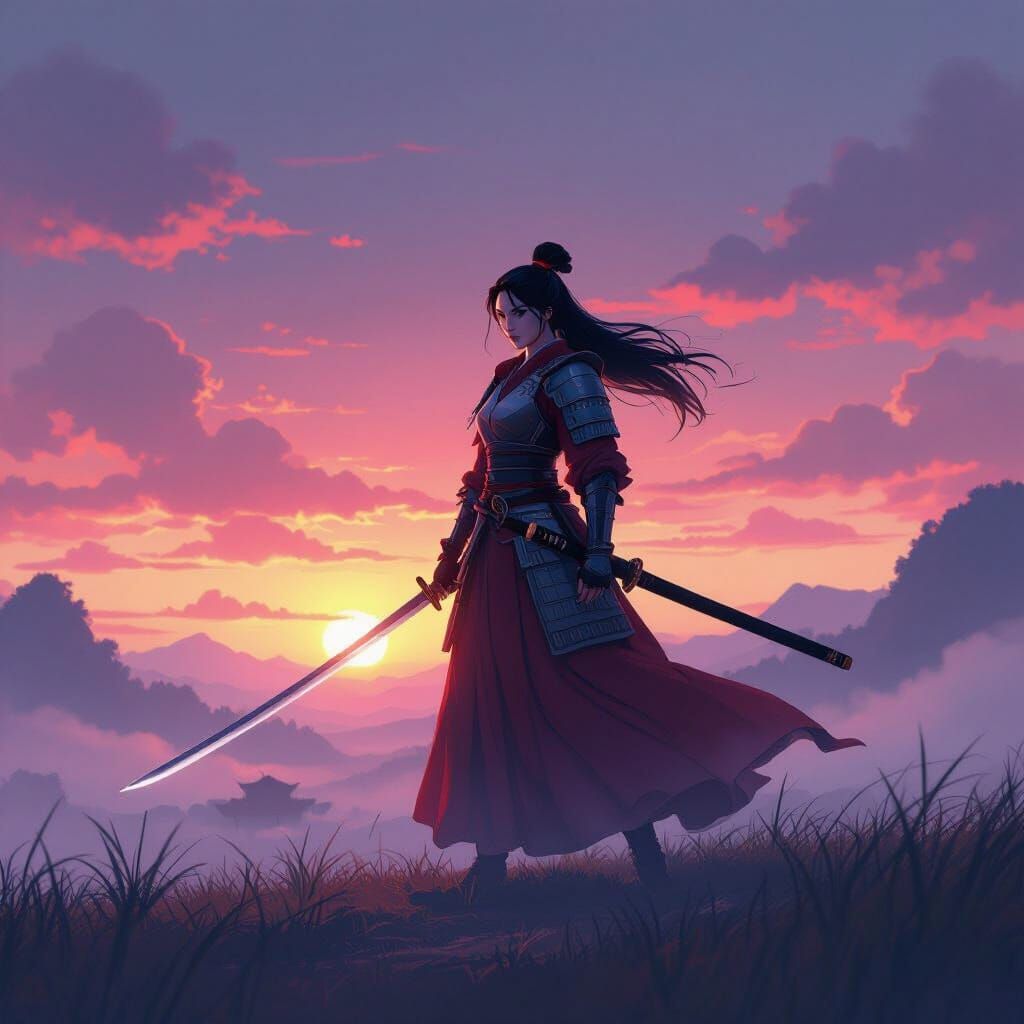 Mulan Samurai Warrior on Battlefield at Dawn