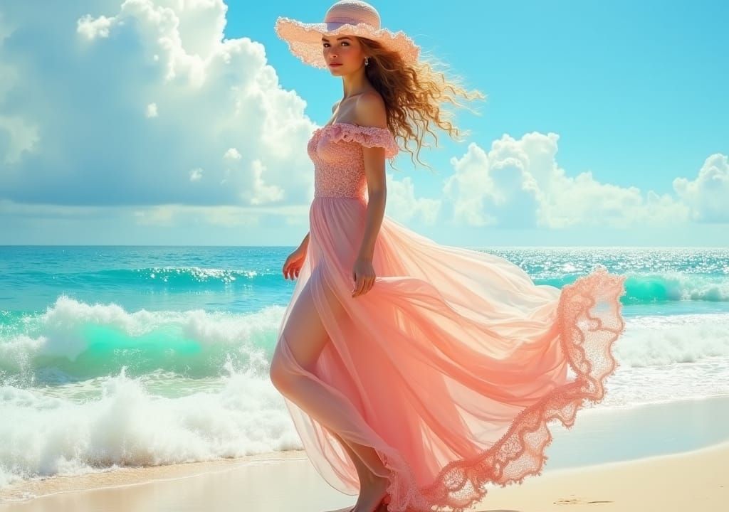 Lady in Rose Gown Walking on Sea, Impressionistic Style