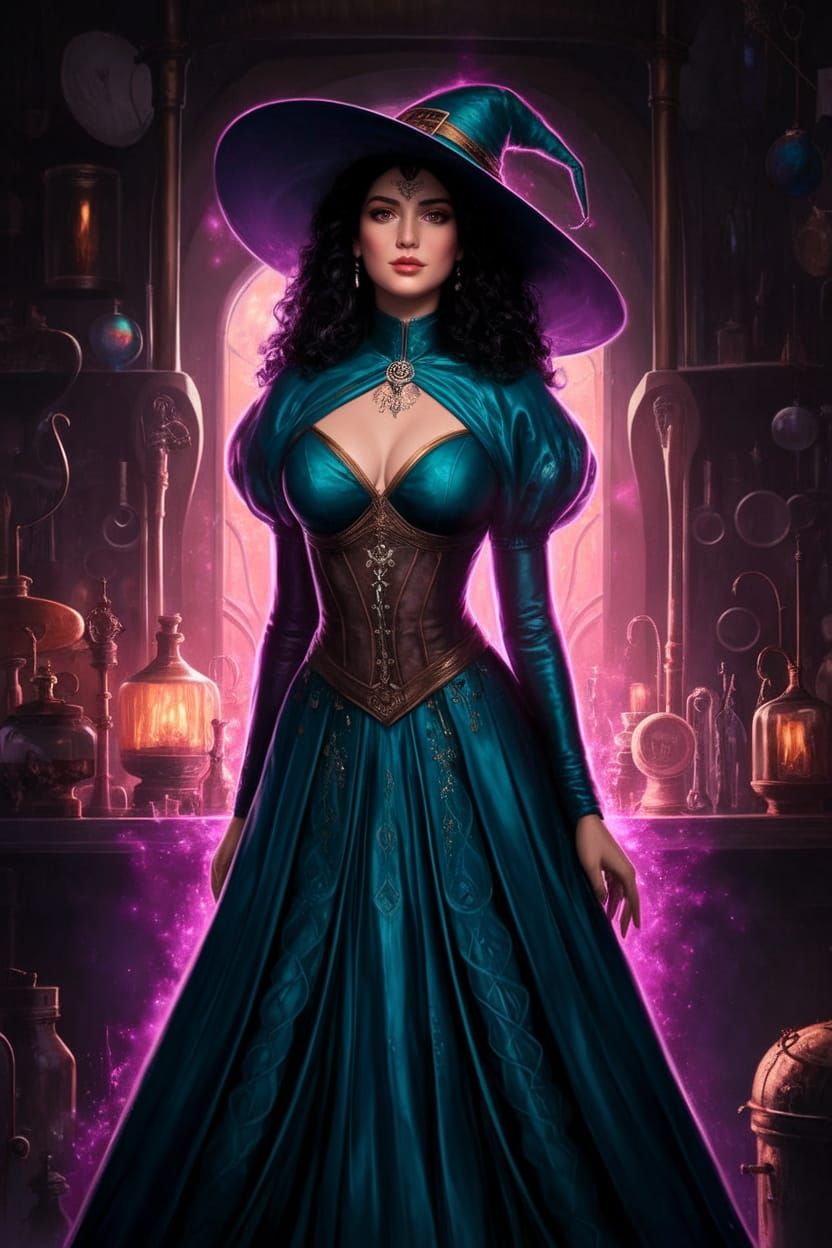 Enchanted Witch in a Shadowy Alchemy Lab