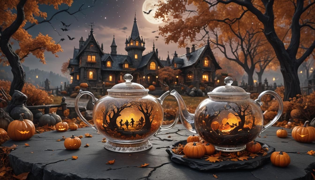 Halloween Landscape in Crystal Teapot: Hyperdetailed Fantasy...