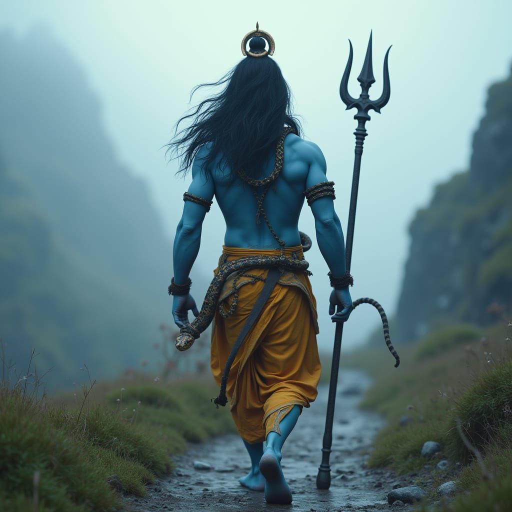 Hyper-Realistic 3D Lord Shiva, Blue Skin, Mystical Mountain