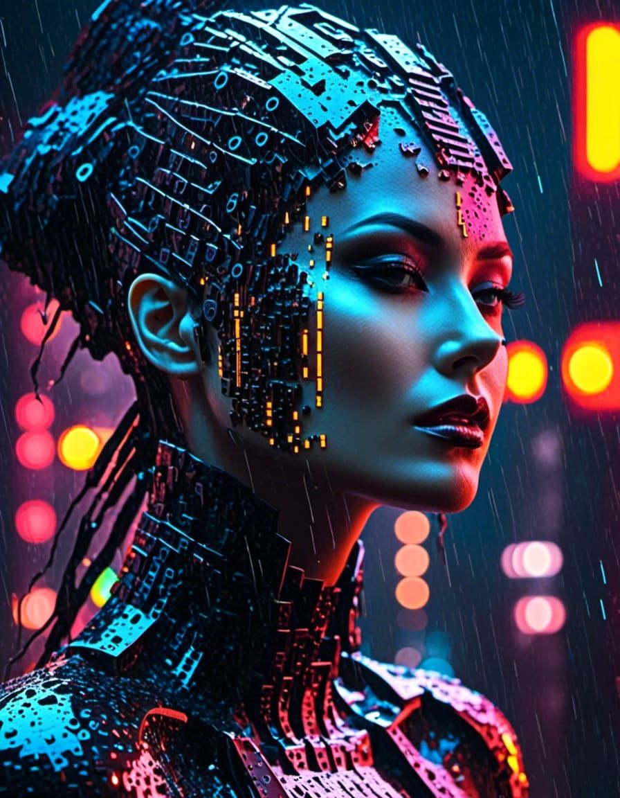 Cyborg Woman in Glitch Art Style