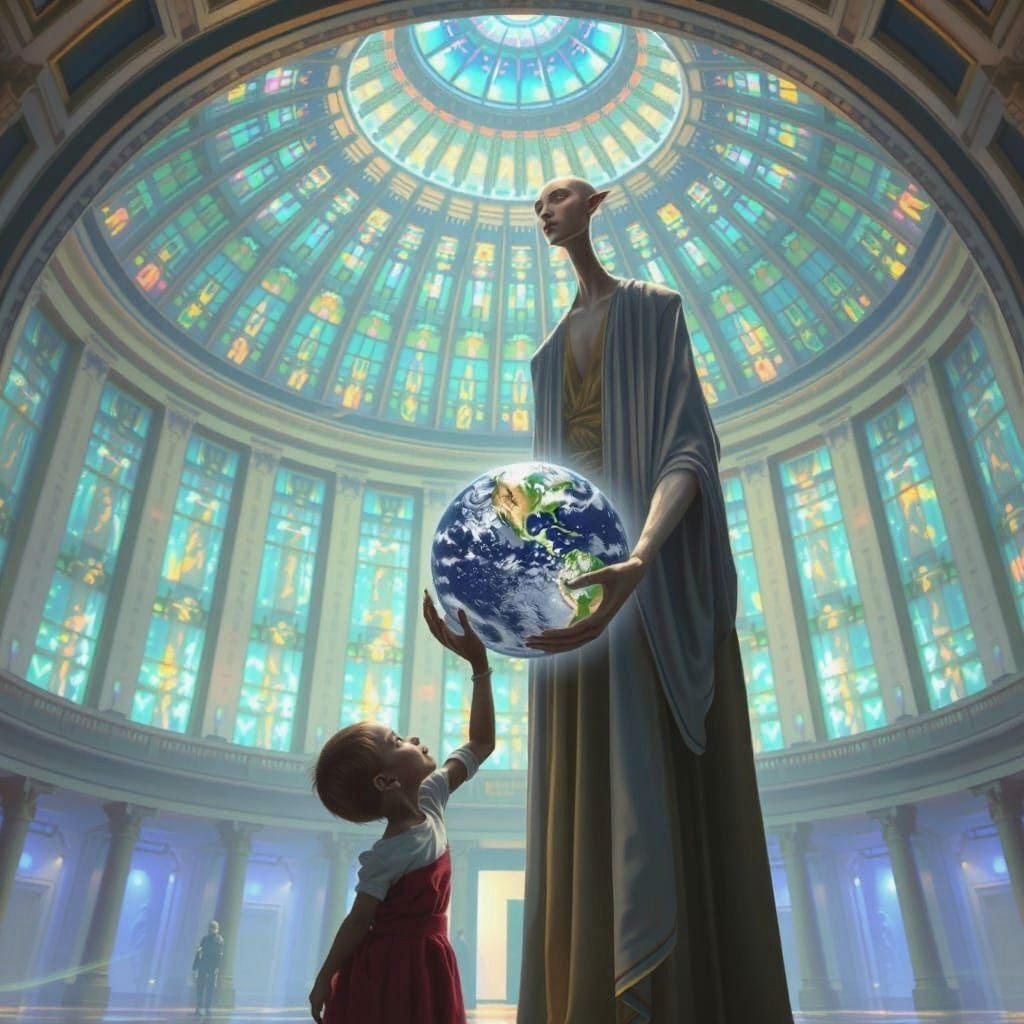 Androgynous Guardian Offers Shimmering Earth to Innocent Chi...