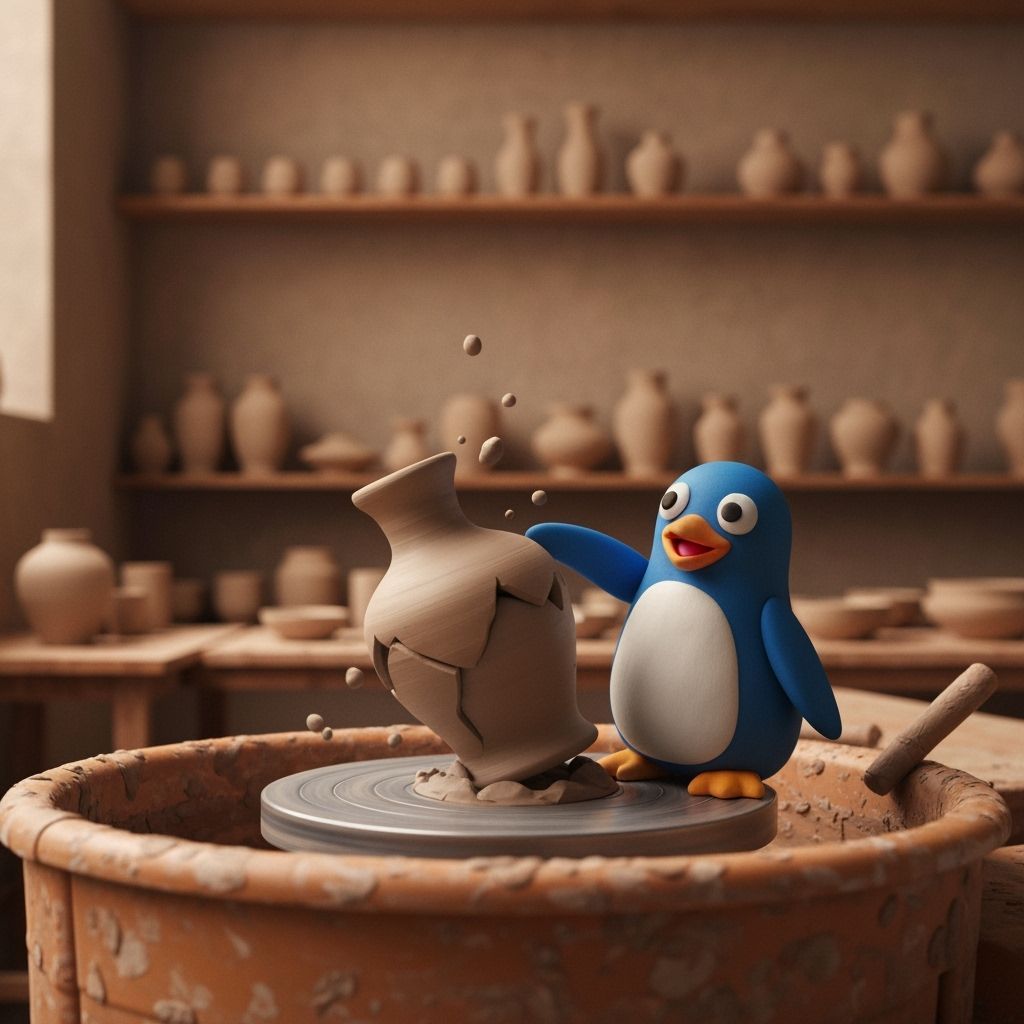 Playdough Penguin Destroys Clay Vase in Potter's Studio