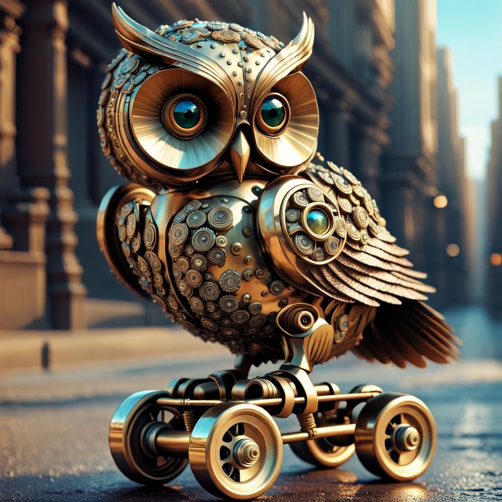 Brass Owl on Roller Skates, Digital Art
