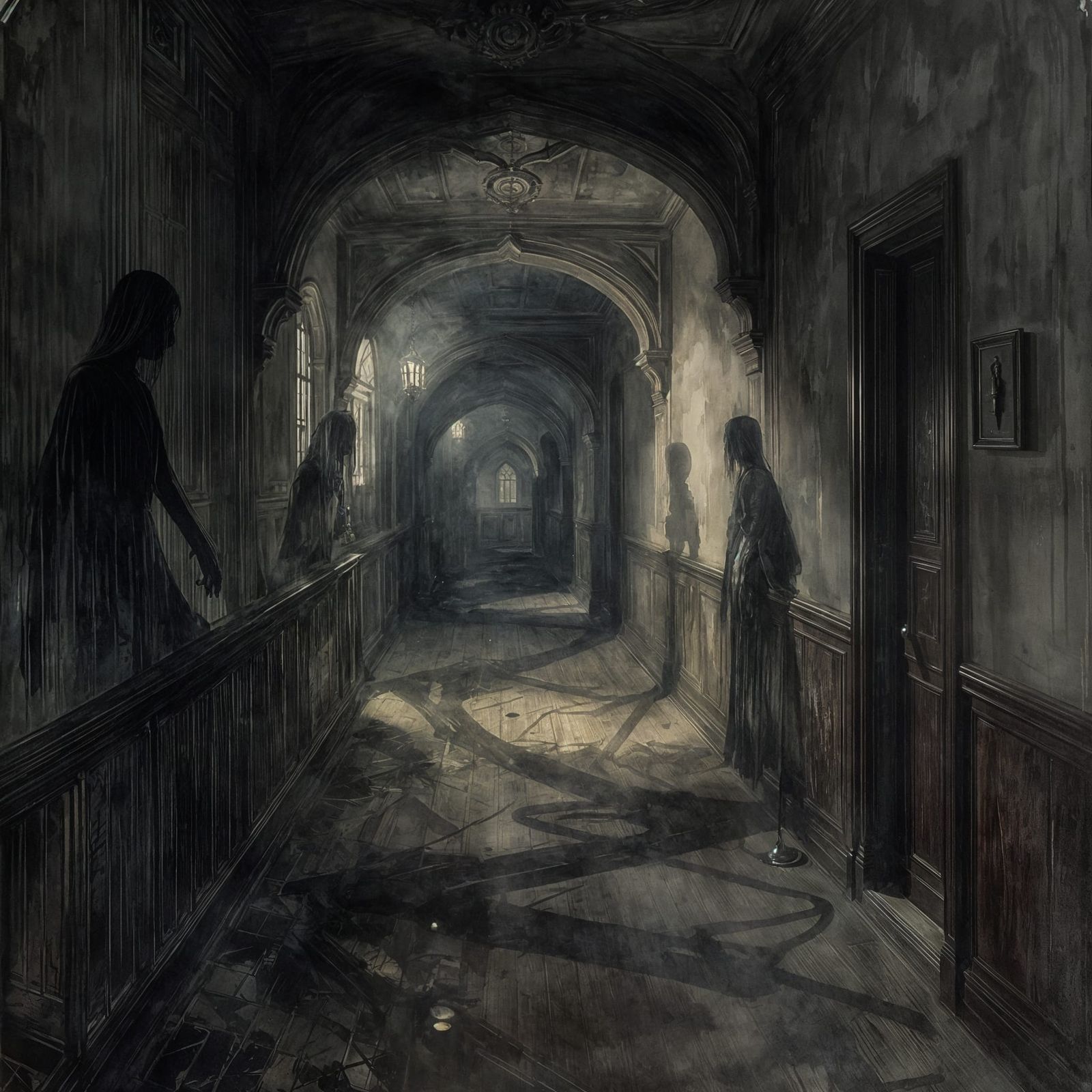 Eerie Gothic Corridor Lurking Dimly