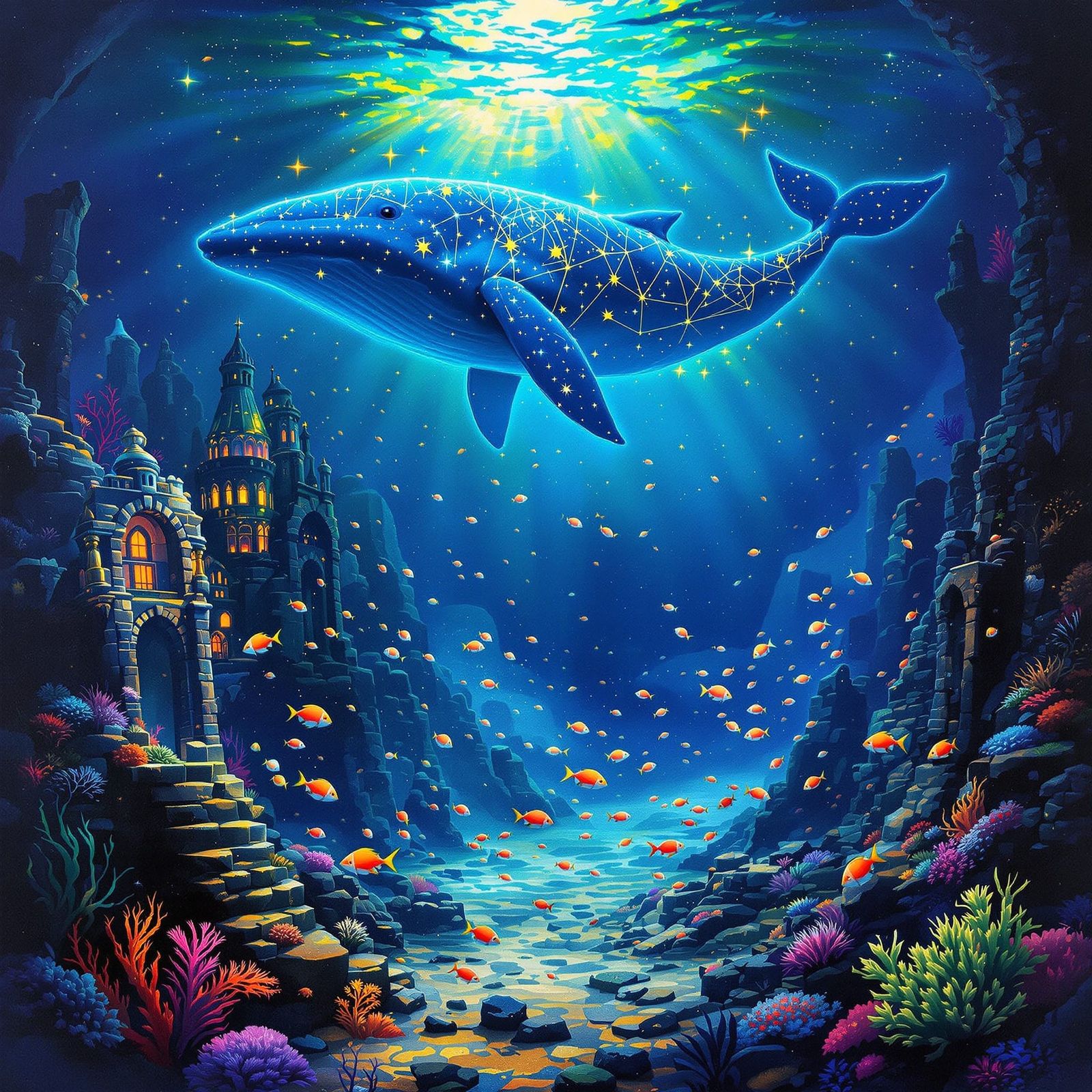 Bioluminescent Ocean City with Celestial Whale in Surreal St...