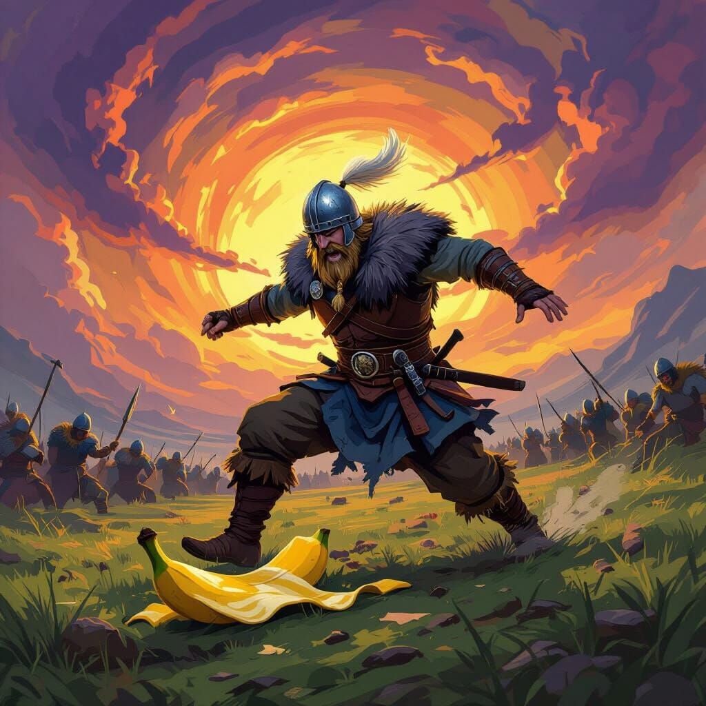 Viking Warrior Slips on Banana Peel in Comical Battle