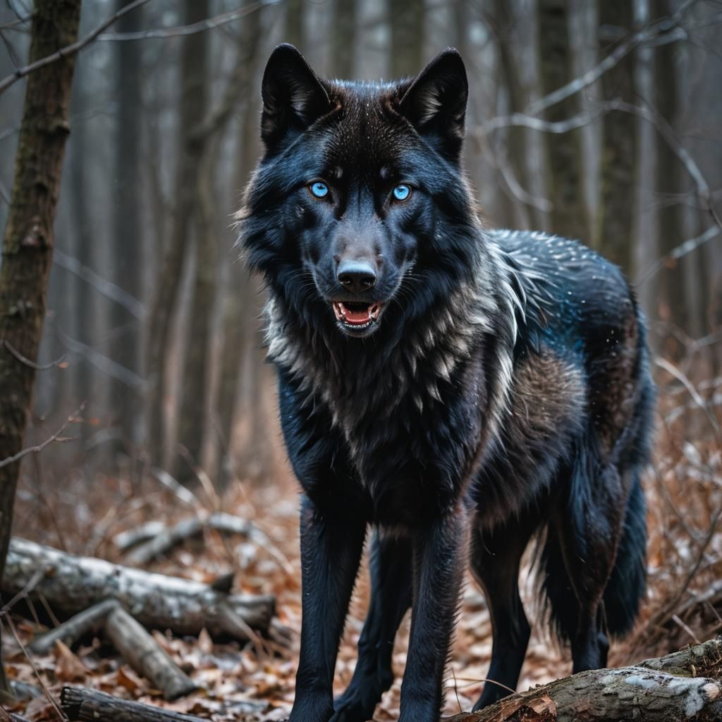 Hyperrealistic Black Wolf with Blue Eyes
