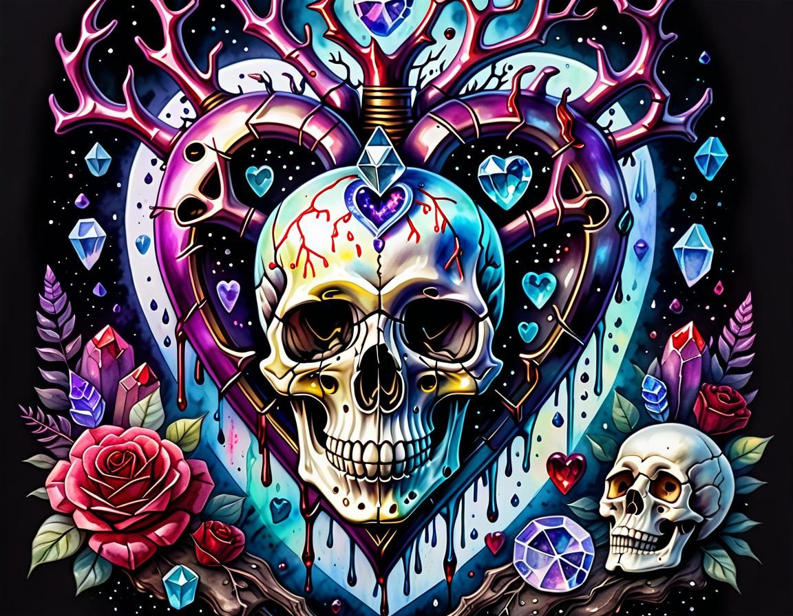 Anatomical Heart and Skull with Runes, Watercolour