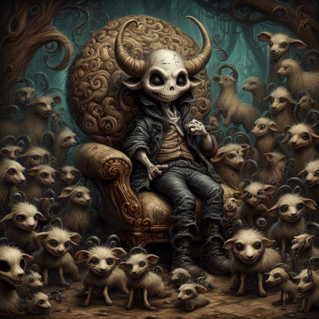 Demonic Figure with Canine Companions in Surreal World