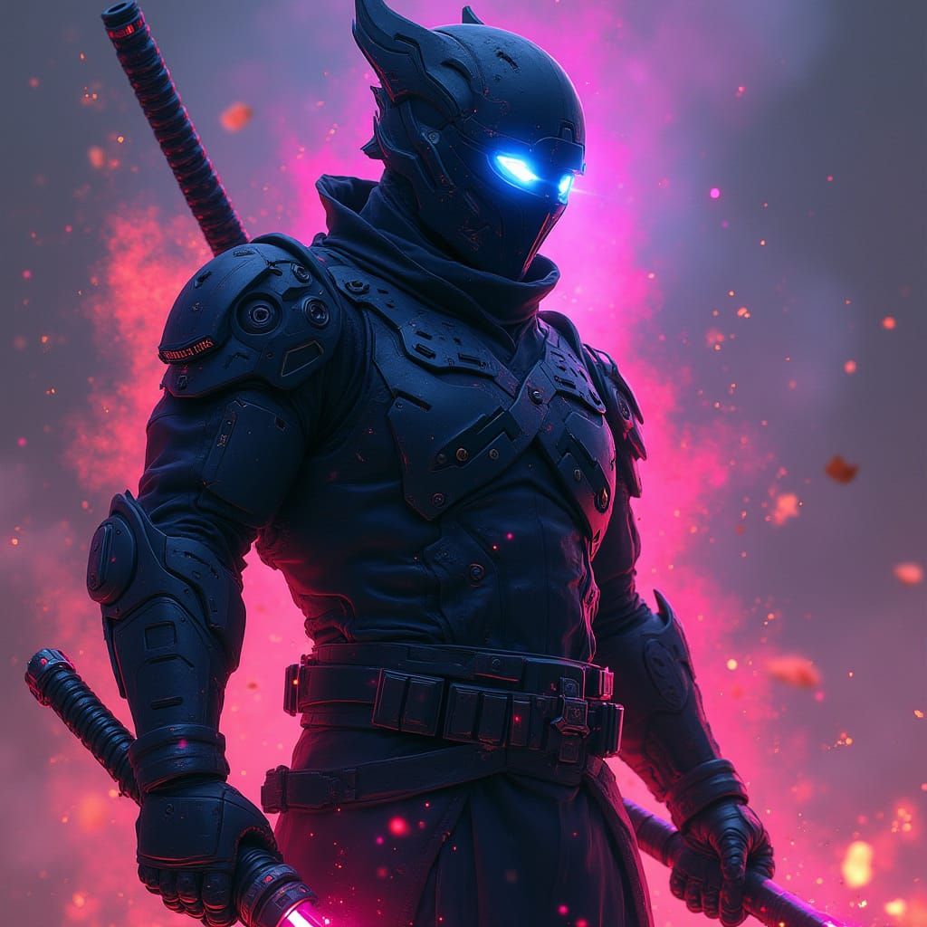 Cyberpunk Ninja Warrior in High-Tech Armor with Energetic Sw...