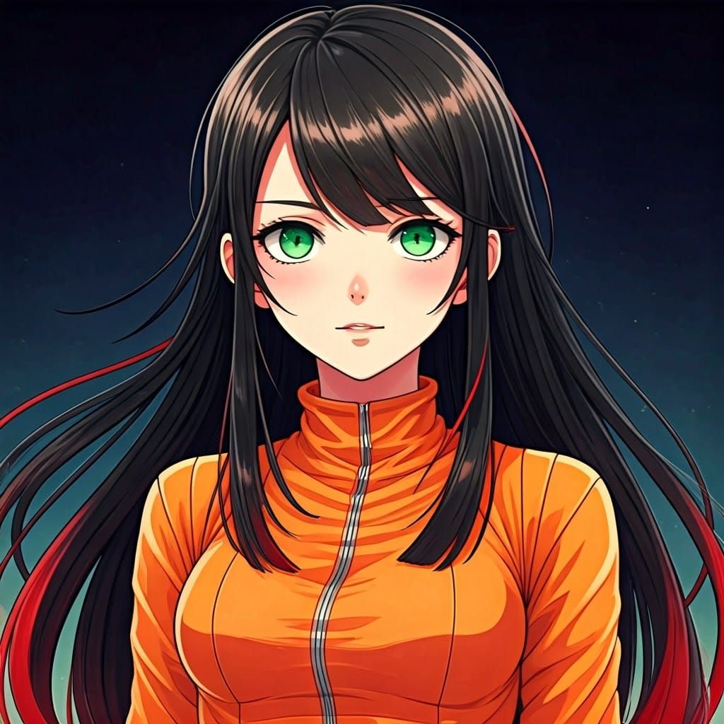 Girl in Orange Jumpsuit with Red Hair, Anime-Inspired