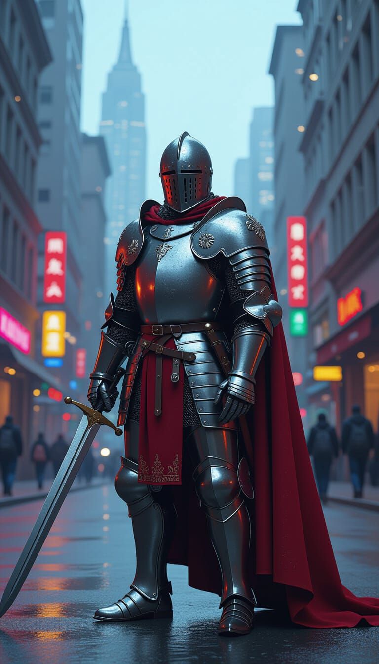 Knight in Shining Armor in Dystopian Cityscape