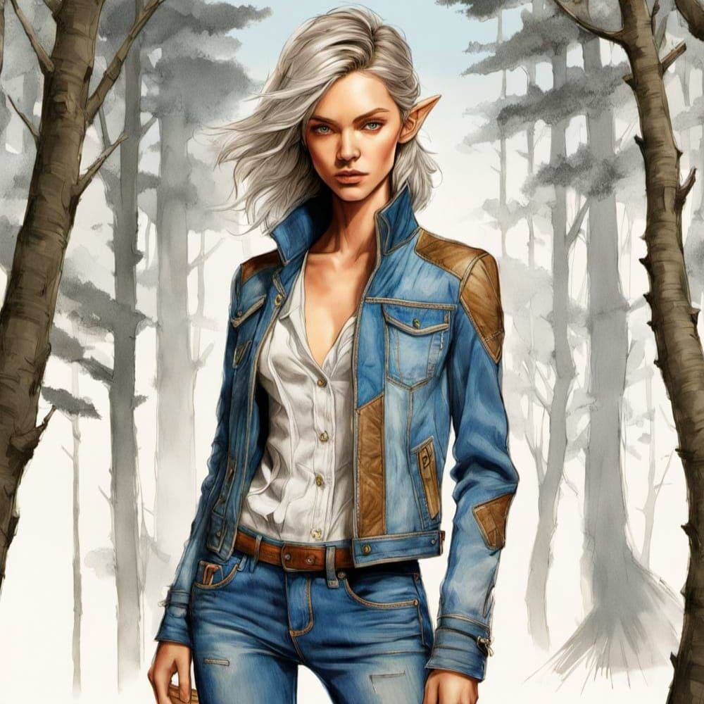 Manga-Inspired Elf Woman in Denim Outfit with Detailed Textu...